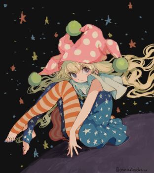 1girl american_flag american_flag_dress american_flag_legwear american_flag_print blonde_hair blue_dress blue_nails blue_pantyhose canariadraw clownpiece commentary_request dress flag_print full_body hat highres jester_cap long_hair moon nail_polish neck_ruff no_wings pantyhose polka_dot_headwear pom_pom_(clothes) purple_eyes purple_shoes red_dress red_nails red_pantyhose shoes sky solo star_(sky) star_(symbol) star_print starry_sky stirrup_legwear striped_clothes striped_pantyhose toeless_legwear toenail_polish toenails toes touhou very_long_hair white_pantyhose