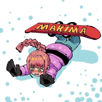 1girl black_gloves blue_pants braid braided_ponytail chainsaw_man down_jacket fallen_down fukahire_engine gloves jacket long_hair lying makima_(chainsaw_man) on_stomach open_mouth pants pink_hair purple_jacket ringed_eyes snow snowboard solo yellow_eyes