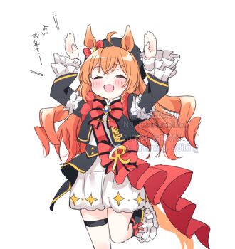 1girl :d ^_^ ahoge animal_ears arms_up beret black_hat black_jacket blush bow brooch closed_eyes commentary_request hat horse_ears horse_girl horse_tail jacket jewelry juliet_sleeves long_hair long_sleeves mizuki_riko open_clothes open_jacket open_mouth orange_hair puffy_sleeves red_bow royal_family_(the_royal_family) shirt shorts simple_background smile solo standing standing_on_one_leg striped_bow tail the_royal_family_(tv_series) translation_request very_long_hair watermark white_background white_shirt white_shorts