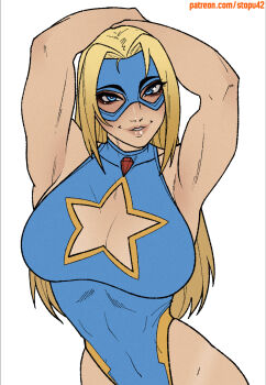 1girl armpits arms_on_head blonde_blazer blonde_hair blue_eyes blue_leotard blue_mask blush breasts cleavage clothing_cutout covered_navel cowboy_shot dispatch eye_mask eyelashes eyeshadow highres large_breasts leotard lips long_hair looking_at_viewer makeup mask nose parted_lips patreon_username sidelocks smile solo star_cutout stopu toned toned_female