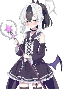 1girl absurdres alternate_costume black_dress black_hair black_horns blue_archive blush bow choker commentary_request demon_horns demon_wings detached_sleeves dress dress_bow frilled_dress frilled_sleeves frills grey_halo hair_ribbon halo highres holding holding_staff horns kayoko_(blue_archive) looking_at_viewer low_wings magical_girl mole mole_on_neck multicolored_hair pkayokolove0317 ponytail red_eyes ribbon simple_background single_wing solo staff star_(symbol) star_choker star_ornament thighhighs two-tone_hair white_background white_hair wings