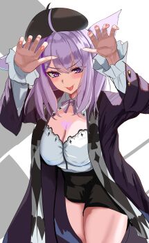 absurdres animal_ears beret black_hat black_jacket black_skirt breasts cat_ears cat_girl claw_pose cleavage cleavage_cutout closed_mouth clothing_cutout commentary_request hat highres hololive jacket kurogomatcha large_breasts nail_polish nekomata_okayu nekomata_okayu_(wonderland) official_alternate_costume pink_nails purple_eyes purple_hair shirt skirt smile solo tongue tongue_out virtual_youtuber