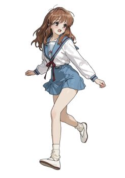 1girl asahina_mikuru blue_sailor_collar blue_skirt blush brown_eyes brown_hair clenched_hand collarbone commentary_request full_body h4sh1rnoto highres kita_high_school_uniform long_hair long_sleeves looking_to_the_side messy_hair open_mouth pleated_skirt raised_inner_eyebrows red_ribbon ribbon running sailor_collar school_uniform serafuku shirt sidelocks skirt socks solo suzumiya_haruhi_no_yuuutsu white_background white_shirt white_socks wispy_bangs