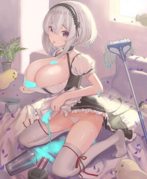 >_< 1girl :o ahoge apron azur_lane baby_animal bed bed_sheet bird black_choker black_dress bottle breasts bucket chick choker cleaning_rag cleavage clothes_lift collarbone cup day dress dress_lift female_focus frilled_apron frilled_choker frilled_dress frills from_side hair_between_eyes hair_intakes hairband heart heart-shaped_pupils highres huge_breasts indoors kneeling lace-trimmed_hairband lace_trim large_breasts lifting_own_clothes liquid looking_at_viewer lying manjuu_(azur_lane) mop nanam_(nanam_sk) no_shoes on_bed on_side panties petals pillow plant puffy_short_sleeves puffy_sleeves raised_eyebrows red_eyes ribbon-trimmed_legwear ribbon_trim shiny_skin ship_turret short_hair short_sleeves side-tie_panties silver_hair sirius_(azur_lane) solo spill spread_legs sunlight sweat symbol-shaped_pupils thighhighs thighs tongue tongue_out two-tone_dress underwear waist_apron wet wet_hair white_dress white_panties white_thighhighs window