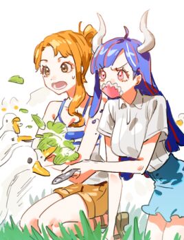 2girls adapted_costume animal bird blue_hair blue_skirt brown_eyes camisole commentary duck feeding high_ponytail horns long_hair lowres mask mouth_mask multiple_girls nami_(one_piece) nami_(one_piece)_(east_blue) one_piece open_mouth orange_hair pink_eyes ponytail raine_(acke2445) sandals seiza shirt shorts shoulder_tattoo single_sidelock sitting skirt spaghetti_strap sweatdrop symbol-only_commentary tattoo ulti_(one_piece) wavy_hair white_background white_camisole white_shirt yellow_shorts