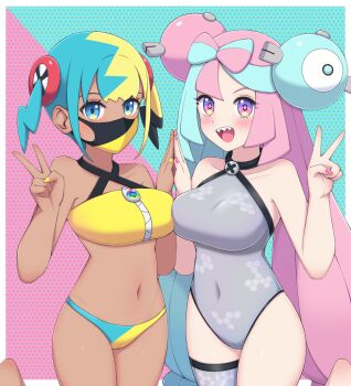 2girls :d bandeau bikini bikini_bottom_only blue_eyes blush bow-shaped_hair breasts canari_(pokemon) character_hair_ornament collarbone commentary covered_navel grey_leotard hair_ornament hand_on_another's_hand hands_up highres iono_(pokemon) leg_up leotard long_hair mask mouth_mask multicolored_hair multiple_girls nail_polish navel nintendo open_mouth palms_together pink_eyes pink_nails pokemon pokemon_legends:_z-a pokemon_sv sharp_teeth single_thighhigh smile swimsuit symbol-only_commentary teeth thighhighs two-tone_hair upper_teeth_only v x_(zvkm7328) yellow_bandeau yellow_nails zipper zipper_pull_tab