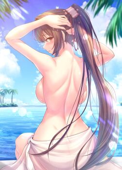 1girl arms_behind_head back backboob bare_back bikini blue_sky blush breasts brown_eyes brown_hair cherry_blossoms cloud commentary_request day flower from_behind hair_between_eyes hair_flower hair_ornament kantai_collection large_breasts long_hair looking_at_viewer looking_back official_alternate_costume open_mouth outdoors palm_tree parted_lips pink_bikini pink_sarong ponytail ryu-akt sarong skindentation sky solo swimsuit topless_female tree very_long_hair water yamato_(kancolle) yamato_kai_ni_(kancolle) yamato_kai_ni_(swimsuit)_(kancolle)