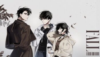 1girl 2boys alternate_costume barcode black_coat black_hair black_shirt bob_cut branch coat cover cowboy_shot cup disposable_cup falling_leaves han_sooyoung hands_in_pockets high_collar hinizana holding holding_cup hood hoodie kim_dokja leaf looking_at_another looking_at_viewer looking_back magazine_cover multiple_boys omniscient_reader&#039;s_viewpoint open_clothes open_coat shirt short_hair white_coat white_hoodie yoo_joonghyuk