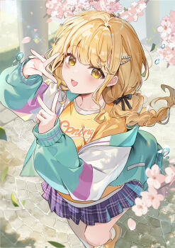 1girl black_skirt blonde_hair braid breasts closed_mouth fujita_kotone full_body gakuen_idolmaster green_jacket hair_ornament highres idolmaster jacket kita_(kitairoha) leaf leaning_forward long_hair long_sleeves looking_at_viewer miniskirt open_clothes open_jacket open_mouth plaid_clothes plaid_skirt road shirt shoes simple_background skirt small_breasts smile sneakers socks solo standing twin_braids v water_drop white_background white_socks yellow_eyes yellow_shirt yellow_shoes