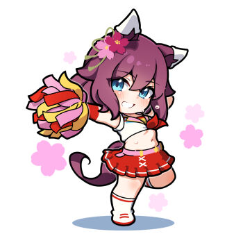 1girl animal_ears blue_eyes brown_hair cheerleader chibi commentary_request ear_covers full_body highres holding holding_pom_poms horse_ears horse_girl horse_tail looking_at_viewer midriff navel pom_pom_(cheerleading) pom_poms red_skirt sakura_chiyono_o_(umamusume) short_hair skirt solo standing standing_on_one_leg sweat tail umamusume warashi