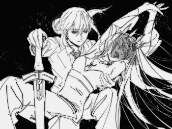 Rule 34 | 2girls, arms up, artoria pendragon (fate), black background, black veil, breasts, commentary request, commission, cowboy shot, crepe commission, fate/grand order, fate (series), floating hair, greyscale, highres, holding, holding sword, holding weapon, jacket, korean commentary, legerete cnot, long sleeves, looking at another, monochrome, morgan le fay (fate), multiple girls, necktie, on one knee, open mouth, pants, planted, planted sword, planted weapon, saber (fate), small breasts, smile, suit jacket, sword, veil, weapon, yuri