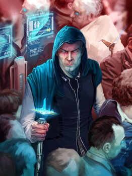 Rule 34 | 6+boys, absurdres, black hair, blue eyes, blue hood, brown hair, closed mouth, commentary, drone, english commentary, eve online, gabriel cassata, glowing, glowing eyes, highres, holding, holding staff, hologram, hood, hood up, long sleeves, looking at viewer, multiple boys, nose, official art, people, photoshop (medium), pirate faction (eve online), procreate (medium), sansha's nation (eve online), scar, scar across eye, scar on face, short hair, solo focus, staff, upper body, very short hair