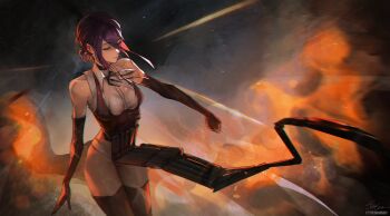 1girl absurdres apron black_apron black_gloves black_thighhighs bomb_devil_(chainsaw_man) chainsaw_man closed_eyes dynamite elbow_gloves explosive gloves hair_bun highres panties purple_hair reze_(chainsaw_man) shirt sleeveless sleeveless_shirt smoke solo stephengiannart thighhighs underwear white_panties white_shirt