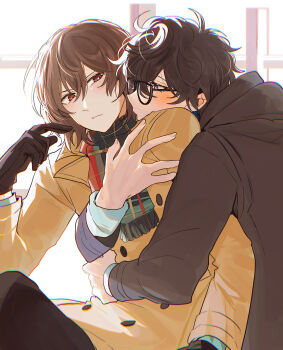 2boys absurdres akechi_gorou amamiya_ren black-framed_eyewear black_coat black_gloves black_hair blue_scarf brown_coat brown_hair buttons closed_mouth coat fsmaichobpeg0 glasses gloves hair_between_eyes hashtag-only_commentary highres hood hooded_coat hug hug_from_behind looking_at_another male_focus multiple_boys persona persona_5 red_eyes scarf semi-circular_eyewear short_hair yaoi
