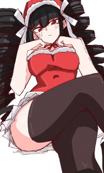 Rule 34 | 1girl, absurdres, black hair, celestia ludenberg, danganronpa: trigger happy havoc, danganronpa (series), dress, drill hair, gothic lolita, hat, highres, lolita fashion, looking at viewer, red dress, red eyes, red hat, santa costume, santa dress, santa hat, sitting, spynai (klimatic), thighhighs, twin drills, white background