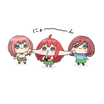 Rule 34 | 3girls, akino ell, blue eyes, blue sweater, bowl, brown hair, cheek pull, chibi, chopsticks, collared shirt, commentary request, food, go-toubun no hanayome, green skirt, hair ornament, hair over one eye, headphones, headphones around neck, holding, holding bowl, holding chopsticks, mochi, multiple girls, nakano ichika, nakano itsuki, nakano miku, pink hair, pleated skirt, red hair, shadow, shirt, skirt, star (symbol), star hair ornament, sweater, sweater vest, translation request, v-shaped eyebrows, white shirt, zouni soup