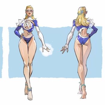 1girl ass belly blonde_hair blue_eyes breasts cleavage cleavage_cutout clothing_cutout concept_art earrings fantastic_four highres jewelry large_breasts long_hair long_sleeves looking_at_viewer marvel marvel_rivals navel official_alternate_costume official_art one-piece_swimsuit solo sue_storm sue_storm_(azure_shade) swimsuit