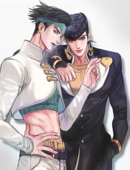 2019 2boys anchor_symbol arm_on_another&#039;s_shoulder artist_name belt black_belt black_hair blue_eyes commentary crop_top cropped_jacket diamond_wa_kudakenai earrings gakuran green_headband green_lips hand_in_pocket hand_on_own_hip headband heart higashikata_josuke hip_bones jewelry jojo_no_kimyou_na_bouken kishibe_rohan lipstick makeup male_focus midriff multiple_boys pompadour school_uniform signature vrekx_x yellow_eyes