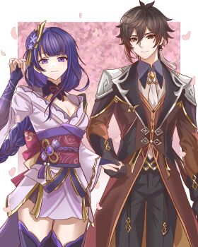 1boy 1girl absurdres black_pants blunt_bangs breasts bridal_gauntlets brown_eyes brown_hair brown_suit cherry_blossoms chinese_clothes chinese_commentary cleavage closed_mouth collared_shirt commentary_request couple earrings falling_petals fan_hair_ornament feizhoudaqiuzhangperper formal_clothes genshin_impact gloves hair_between_eyes hair_ornament head_tilt highres japanese_clothes jewelry kimono large_breasts light_smile lingerie long_sleeves looking_at_viewer low_ponytail mole mole_under_eye multicolored_hair neck_ribbon necktie off_shoulder pants petals pink_background pink_petals ponytail purple_eyes purple_hair purple_kimono raiden_shogun red_ribbon red_sash ribbon sash shade shirt standing streaked_hair suit thighhighs underwear upper_body wide_sleeves zhongli_(genshin_impact)