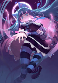 1girl :c absurdres aqua_eyes black_dress black_pantyhose blue_bow blue_hair blue_pantyhose bow breasts bright_pupils chinese_commentary clenched_hand commentary_request crotch crying crying_with_eyes_open dress eclipse flying_teardrops from_below glint gluteal_fold heart highres leg_up long_hair lunar_eclipse medium_breasts multicolored_hair night panty_&amp;_stocking_with_garterbelt pantyhose pink_hair qijinsong reaching reaching_towards_viewer solo stocking_(psg) stuffed_animal stuffed_cat stuffed_toy tears transparent_wings two-tone_hair two-tone_pantyhose white_pupils white_trim