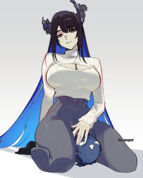 Rule 34 | 1girl, alternate costume, asymmetrical horns, black hair, black horns, black socks, blue hair, breasts, cleavage cutout, closed mouth, clothing cutout, colored inner hair, grey background, grey pants, highres, hololive, hololive english, horns, huge breasts, jailbird (nerissa ravencroft), long hair, looking at viewer, mole, mole under eye, multicolored hair, nerissa ravencroft, pants, pomuya, red eyes, seiza, simple background, sitting, socks, sweater, sweater tucked in, turtleneck, turtleneck sweater, twitter username, very long hair, virtual youtuber, white sweater