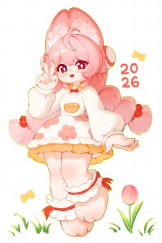 1girl 2026 absurdres animal_ear_fluff animal_ears blush commentary dress english_commentary full_body furry furry_female hand_up highres long_hair long_sleeves looking_at_viewer open_mouth pink_hair red_eyes solo standing v very_long_hair white_dress yamisroot zenless_zone_zero zhao_(zenless_zone_zero)