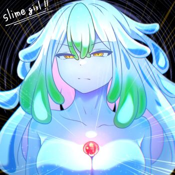 1girl blue_hair breasts cleavage green_hair kuroame_uma large_breasts looking_at_viewer monster_girl multicolored_hair slime_girl solo yellow_eyes