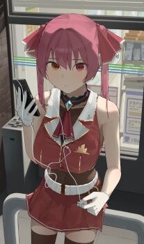 1girl ascot belt black_choker black_thighhighs breasts brooch brown_belt cellphone choker commentary_request convenience_store covered_navel cowboy_shot cropped_jacket earphones film_grain frilled_choker frills gloves gold_trim hair_between_eyes hand_up heterochromia highres holding holding_earphones holding_phone hololive houshou_marine houshou_marine_(1st_costume) jacket jewelry lapel_pin large_breasts leather_belt leotard looking_at_viewer medium_hair miya_illuster no_coat no_headwear on_railing outdoors parted_lips phone pleated_skirt railing red_ascot red_eyes red_hair red_jacket red_skirt see-through_clothes see-through_leotard shop sitting skirt sleeveless sleeveless_jacket smartphone solo thighhighs trash_can twintails white_gloves window yellow_eyes