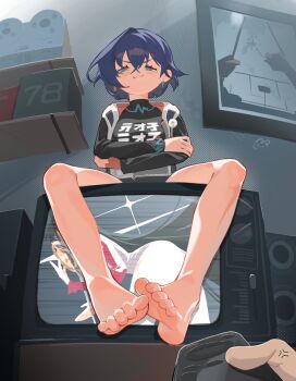 1girl :3 astra_yao barefoot belle_(zenless_zone_zero) blue_eyes blush controller crossed_arms crt feet highres looking_at_viewer medium_hair remote_control sitting soles television toes v.a._(vanilla) zenless_zone_zero