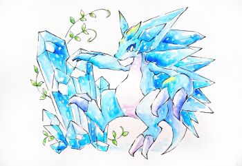 alolan_form alolan_sandslash blue_eyes claws commentary_request crystal full_body gen_7_pokemon highres looking_at_viewer nintendo no_humans painting_(medium) pokemon pokemon_(creature) shiorisan_fish simple_background solo traditional_media watercolor_(medium) white_background