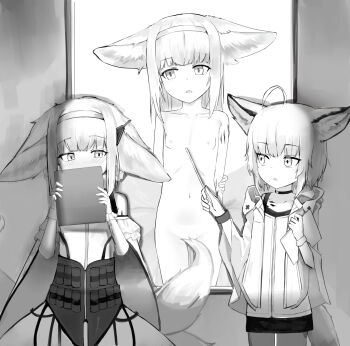 2girls ahoge animal_ear_fluff animal_ears arknights assisted_exposure black_choker blush braid braided_hair_rings breasts chest_harness choker cloak coat completely_nude covering_crotch covering_own_mouth covering_privates dot_nose dress earpiece embarrassed fox_ears fox_girl fox_tail gloves hair_rings hairband harness highres holding holding_pointer infection_monitor_(arknights) jacket loli looking_at_viewer material_growth multiple_girls multiple_tails navel nipples nude ok1teru open_cloak open_clothes oripathy_lesion_(arknights) pantyhose pointer projector_screen public_indecency public_nudity short_hair small_breasts sussurro_(arknights) suzuran_(arknights) tail tail_censor white_coat white_gloves