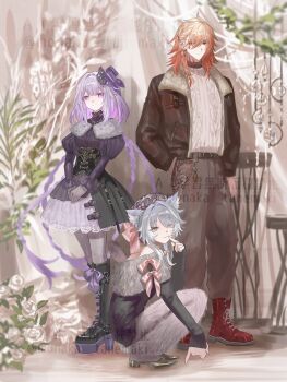 Rule 34 | 1boy, 2girls, alternate costume, animal ears, belt, blonde hair, blue eyes, boots, bow, braid, castorice (honkai: star rail), cat ears, cat girl, cat tail, cipher (honkai: star rail), dress, flower, fur trim, gloves, gradient hair, grey hair, hair ornament, hands in pockets, hat, highres, honkai: star rail, honkai (series), jacket, long hair, long sleeves, medium hair, multicolored hair, multiple girls, mydei (honkai: star rail), off shoulder, orange eyes, pants, plant, platform boots, pointy ears, purple eyes, purple hair, side braid, squatting, standing, streaked hair, sweat, tail, tanemaki monaka, tattoo, thighhighs, very long hair