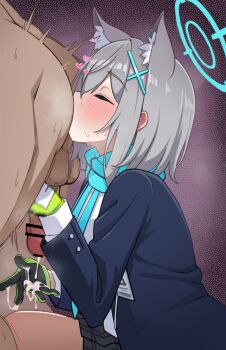 Rule 34 | 1boy, 1girl, anilingus, animal ear fluff, animal ears, ashiba, assertive female, bar censor, black gloves, blazer, blue archive, blue blazer, blue halo, blue scarf, blush, buttoned cuffs, buttons, censored, closed eyes, clothed female nude male, collared shirt, cross hair ornament, cum, cum on body, cum on clothes, cum on hands, cumdrip, ejaculation, erection, extra ears, face in ass, feet out of frame, female rimming male, from side, gloved handjob, gloves, green gloves, grey hair, grey skirt, hair ornament, hairclip, halo, handjob, heart, hetero, highres, jacket, licking, long sleeves, milking handjob, motion blur, motion lines, nude, oral, penis, penis milking, plaid clothes, plaid skirt, projectile cum, reverse grip, reverse grip handjob, rusty trombone, scarf, sensei (blue archive), shiroko (blue archive), shirt, short hair, skirt, solo focus, squatting, standing, standing anilingus, sweat, testicles, tucked penis, two-tone gloves, white shirt, wolf ears, wolf girl