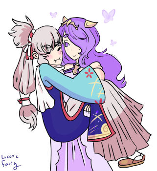 Rule 34 | 1boy, 1girl, assertive female, blush, bug, butterfly, camilla (adrift) (fire emblem), camilla (fire emblem), carrying, chignon, face-to-face, fire emblem, fire emblem fates, fire emblem heroes, hair over one eye, insect, laconicfairy, nintendo, official alternate costume, older female and younger male, one eye covered, princess carry, purple eyes, purple hair, simple background, takumi (fire emblem), takumi (prince of soup) (fire emblem), tiara