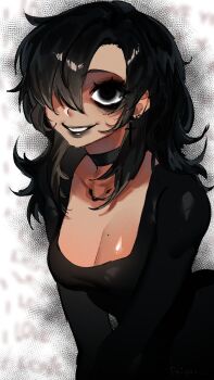 1girl artist_self-insert black_choker black_dress black_eyes black_eyeshadow black_hair black_lips breasts choker cleavage collarbone dress eyeshadow feisona_(feiyuu) feiyuu hair_over_one_eye highres makeup medium_breasts medium_hair mole mole_on_breast no_pupils original simple_background smile solo square_neckline teeth upper_body wide-eyed
