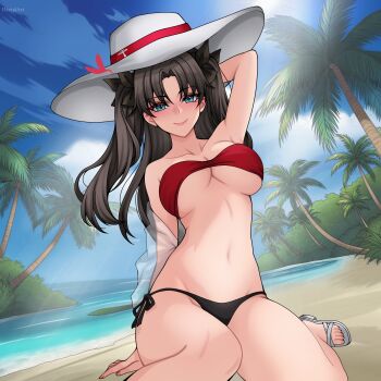 1girl aqua_eyes arm_up armpits beach bikini black_bikini black_hair blue_sky breasts cleavage cloud cloudy_sky commentary english_commentary fate/stay_night fate_(series) hair_ribbon hat haxial highres long_hair looking_at_viewer medium_breasts mismatched_bikini navel outdoors palm_tree red_bikini ribbon side-tie_bikini_bottom sitting sky smile solo sun_hat swimsuit toes tohsaka_rin tree two_side_up underboob