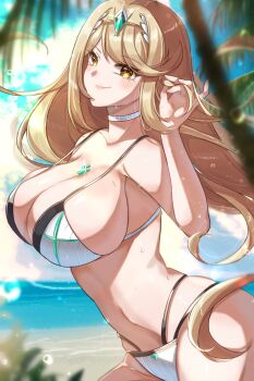 1girl alternate_breast_size_(larger) alternate_costume arched_back bare_arms bikini blonde_hair breasts chest_jewel choker closed_mouth commentary core_crystal_(xenoblade) cowboy_shot dated_commentary floating_hair from_side glint hand_in_own_hair hand_up highres huge_breasts long_hair looking_at_viewer mythra_(xenoblade) ocean outdoors palm_tree sideboob sky smile solo strap_gap swept_bangs swimsuit tiara tree water_drop wet white_bikini white_choker xenoblade_chronicles_(series) xenoblade_chronicles_2 yellow_eyes zer00han