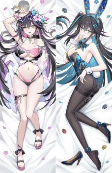 Rule 34 | 1girl, abigail (black survival), abigail (poker face) (black survival), abigail (tropical dimension) (black survival), absurdres, animal ears, arm up, armpits, ass, bare legs, bare shoulders, bed sheet, bikini, black bikini, black choker, black hair, black survival, blue hair, blue leotard, blue sandals, breasts, brown pantyhose, character doll, choker, cleavage, colored inner hair, commentary, dakimakura (medium), doll, dr. nadja, eternal return: black survival, eyewear on head, fake animal ears, fake tail, flower, frown, full body, gluteal fold, green eyes, hair flower, hair ornament, hairband, hand on own chest, heart, heart-shaped eyewear, heart o-ring, high heels, highres, jacket, jewelry, key, key choker, large breasts, layered bikini, leotard, long hair, looking at viewer, lying, multicolored hair, multiple views, nail polish, navel, o-ring, off shoulder, on back, one side up, pantyhose, petals, pink bikini, playboy bunny, poker chip, purple hair, rabbit ears, rabbit tail, sandals, see-through clothes, see-through jacket, stomach, strapless, strapless leotard, streaked hair, string bikini, sunglasses, swimsuit, tail, thigh gap, thigh strap, thighband pantyhose, thighlet, thighs, tianqing mw, toes, twisted torso, very long hair, white jacket, wrist cuffs