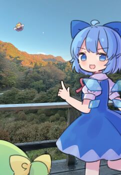 3girls :3 :d ahoge blue_bow blue_eyes blue_hair blue_sky blush bow cirno coa_(chroo_x) collared_shirt commentary_request daiyousei day flying green_hair hair_bow highres ice ice_wings mixed_media multiple_girls open_mouth outdoors photo_background rumia shirt short_hair short_sleeves sky smile touhou white_shirt wings