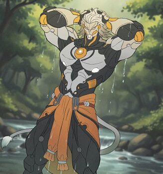 1boy artist_name banyue_(zenless_zone_zero) commentary english_commentary facing_viewer forest hands_on_own_head highres male_focus nature neeksaki river robot tail topless_male wet white_hair zenless_zone_zero