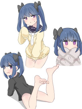 1girl :t alternate_hairstyle annoyed bare_legs barefoot between_legs black_shirt blue_hair blue_sailor_collar blush bow chibi closed_mouth cowboy_shot dot_nose embarrassed feet_up female_focus from_behind full_body grey_poncho hair_bow hand_between_legs hand_up leaning_forward looking_at_viewer looking_back medium_hair microdon multiple_views naked_shirt neckerchief no_mouth open_mouth petite poncho purple_eyes sailor_collar shima_rin shirt sideways_glance simple_background sleeves_past_fingers sleeves_past_wrists solo standing sweater t-shirt toes turning_head twintails upper_body white_background white_neckerchief yellow_sweater yurucamp