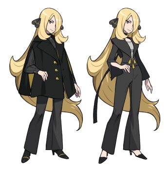 1girl alternate_costume black_coat black_jacket blonde_hair coat cynthia_(pokemon) full_body grey_eyes hair_over_one_eye hand_on_own_hip high_heels jacket long_hair mazolantis nintendo pokemon pokemon_dppt simple_background solo very_long_hair white_background