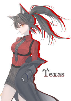 1girl absurdres animal_ear_fluff animal_ears arknights black_coat black_hair black_necktie black_shorts chake character_name coat collared_shirt commentary cowboy_shot diagonal-striped_clothes diagonal-striped_necktie drop_shadow floating_hair hand_in_pocket highres long_hair long_sleeves mouth_hold necktie off_shoulder orange_eyes profile red_shirt shirt shorts simple_background solo standing striped_clothes striped_necktie striped_shorts texas_(arknights) vertical-striped_clothes vertical-striped_shorts white_background wolf_ears wolf_girl