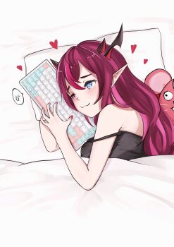 1girl :3 anawin blue_eyes blush commentary computer_keyboard english_commentary hair_behind_ear hakos_baelz halloween_baelz heterochromia highres holding_computer_keyboard hololive hololive_english horns irys_(hololive) multiple_horns nail_polish pillow pointy_ears purple_eyes purple_hair red_nails smile solo stuffed_animal stuffed_mouse stuffed_toy under_covers virtual_youtuber