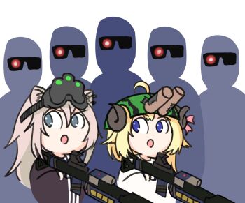 Rule 34 | animal ear piercing, animal ears, blue eyes, food, fruit, grey eyes, grey hair, gun, highres, hololive, horns, laser sight, lion ears, lion girl, night vision device, ribbon, sheep girl, sheep horns, shishiro botan, sunglasses, t-800, terminator (series), the terminator, toilet paper tube, tsunomaki watame, virtual youtuber, watermelon, weapon