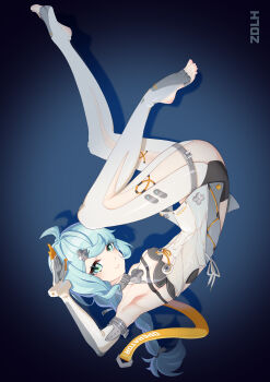 1girl absurdres barefoot blue_eyes blue_hair braid feet gloves highres long_hair looking_at_viewer salute seed_(zenless_zone_zero) single_braid smile stirrup_legwear toeless_legwear toes zdlh zenless_zone_zero