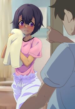 1boy 1girl bathroom black_collar black_hair blurry blurry_background caught collar commentary_request daitoku_junna dark-skinned_female dark_skin highres holding holding_towel looking_at_viewer pants pink_shirt purple_eyes robotics;notes sadarann science_adventure shiny_eyes shirt short_hair short_sleeves sweat tan toilet towel white_pants
