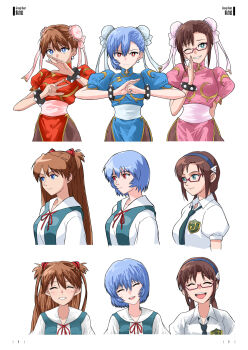3girls ayanami_rei blue_dress blue_eyes blue_hair bracelet brown_hair bun_cover capcom chun-li chun-li_(cosplay) closed_eyes cosplay double_bun dress earrings expressionless glasses hair_bun hairband highres jewelry long_hair looking_at_viewer makinami_mari_illustrious multiple_girls neck_ribbon necktie neon_genesis_evangelion one_eye_closed pantyhose pearl_earrings pelvic_curtain pink_dress puffy_short_sleeves puffy_sleeves rebuild_of_evangelion red-framed_eyewear red_dress red_eyes red_ribbon ribbon sash sashimi_(sasihmi) school_uniform shirt short_hair short_sleeves smile solo souryuu_asuka_langley spiked_bracelet spikes street_fighter tokyo-3_middle_school_uniform white_shirt