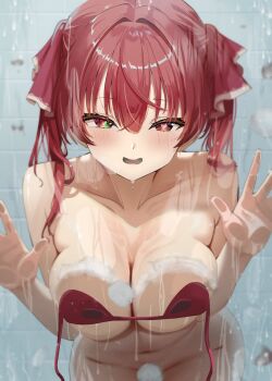 1girl absurdres against_glass bikini blush bottomless breast_press breasts collarbone convenient_censoring hands_up heart heart-shaped_pupils heterochromia highres hololive houshou_marine large_breasts nekonosuke open_mouth red_bikini red_eyes red_hair showering soap_bubbles soap_censor solo swimsuit symbol-shaped_pupils untied_bikini virtual_youtuber water wet wet_hair