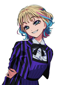 1girl the_addams_family black_bow black_bowtie blazer blonde_hair blue_eyeshadow bow bowtie collared_shirt dress enid_sinclair eyeshadow green_eyes jacket makeup multicolored_hair nevermore_academy_school_uniform pink_eyeshadow purple_dress school_uniform shirt short_hair smile streaked_hair striped_clothes teeth wednesday_(netflix) white_shirt yoko.u
